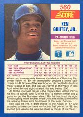 Back Card | Ken Griffey Jr. Baseball Cards 1990 Score