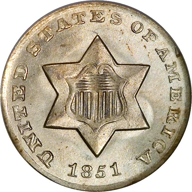 1851 Coins Three Cent Silver