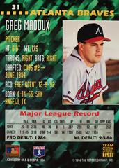 Rear | Greg Maddux Baseball Cards 1994 Stadium Club Team Series