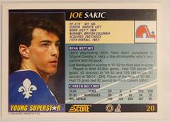 Back Of Card | Joe Sakic Hockey Cards 1992 Score Young Superstars