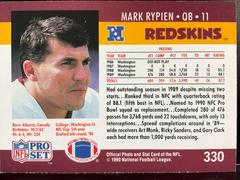 Back | Mark Rypien Football Cards 1990 Pro Set