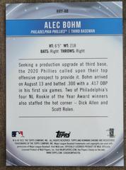 Back Of Card | Alec Bohm [Pink Refractor Mega Box Mojo] Baseball Cards 2021 Bowman Chrome Rookie of the Year Favorites