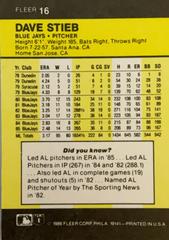 Rear | Dave Stieb Baseball Cards 1986 Fleer Mini