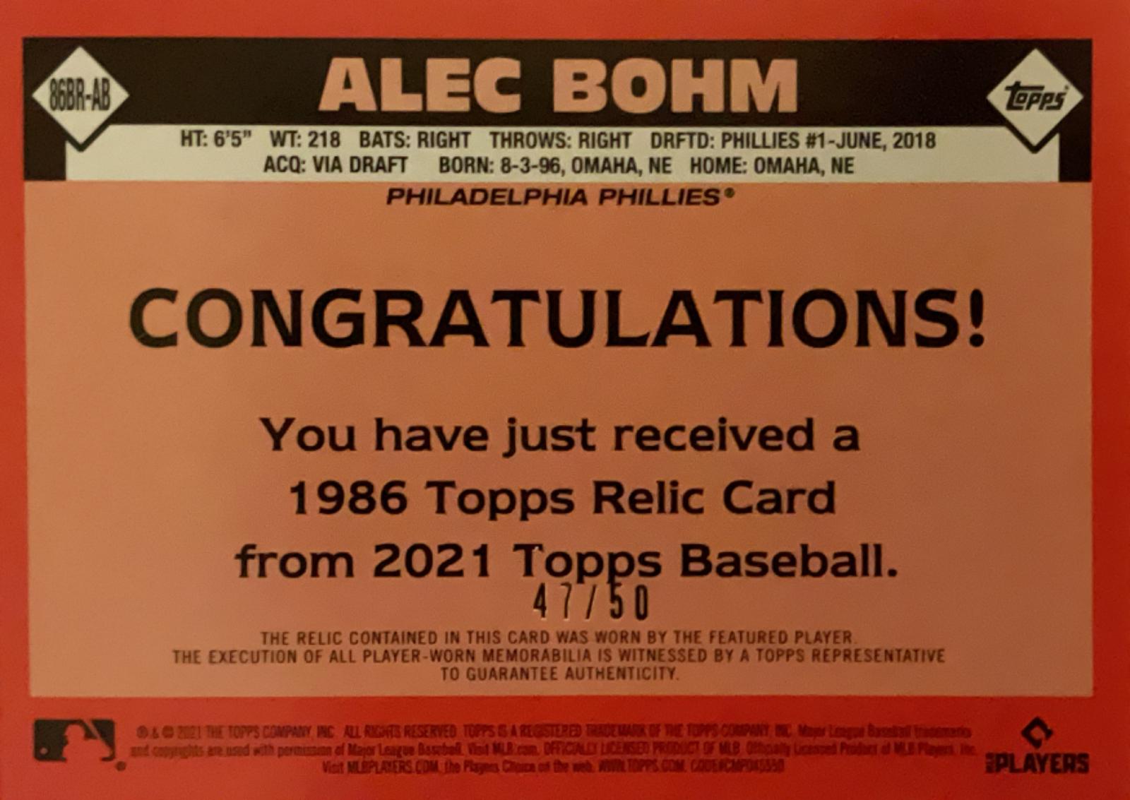 Alec Bohm [Gold] #86BR-AB Prices | 2021 Topps 1986 Baseball 35th ...