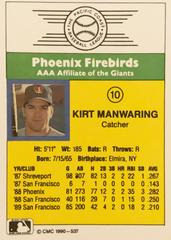 Rear | Kirt Manwaring Baseball Cards 1990 CMC Phoenix Firebirds