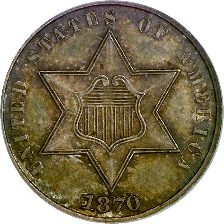 1870 Coins Three Cent Silver