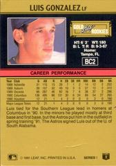 Back Of Card | Luis Gonzalez Baseball Cards 1991 Leaf Gold Rookies
