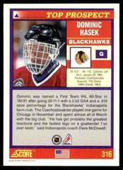 Back Of Card  | Dominik Hasek [Error Misspelled Dominic on Both Side] Hockey Cards 1991 Score American