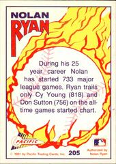 Back Of Card | 733 Major League Starts Baseball Cards 1992 Pacific Nolan Ryan