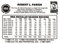 White Border - Back Side | Robert Parish Basketball Cards 1986 Star