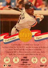 Rear | Cecil Fielder Baseball Cards 1993 Panini Donruss Mvps