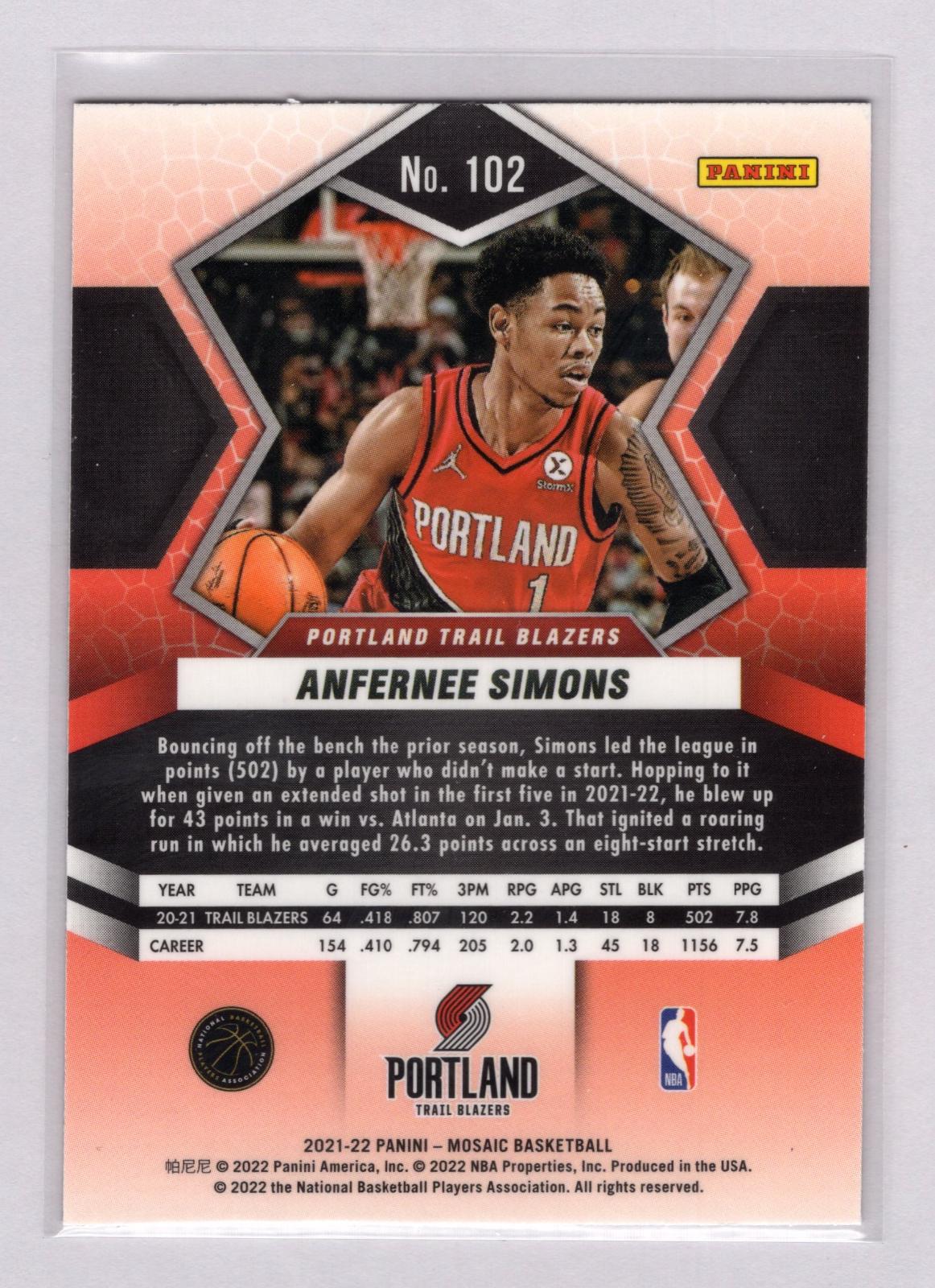 Anfernee Simons 102 Prices 2021 Panini Mosaic Basketball Cards 