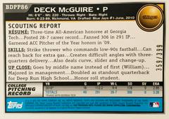 Rear | Deck McGuire [Blue] Baseball Cards 2010 Bowman Draft Picks & Prospects