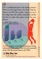 Back Of Card | Jon Barry Basketball Cards 1992 Star Pics