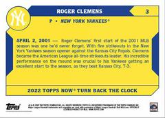 Back | Roger Clemens Baseball Cards 2022 Topps Now Turn Back the Clock