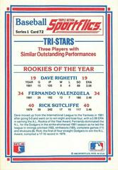Back | Rookies of the Year [Righetti, Valenzuela, Sutcliffe] Baseball Cards 1986 Sportflics