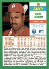 Back | Ricky Jordan Baseball Cards 1990 Score