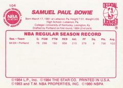 Back Side | Sam Bowie Basketball Cards 1986 Star