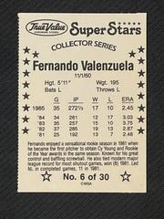 Back | Fernando Valenzuela Baseball Cards 1986 True Value Perforated