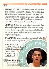 Back Of Card | Tony Bennett Basketball Cards 1992 Star Pics