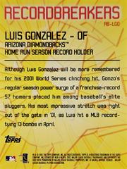 Rear | Luis Gonzalez Baseball Cards 2002 Topps Record Breakers