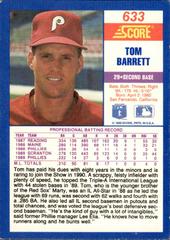 Back | Tom Barrett [Error 29] Baseball Cards 1990 Score