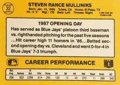 Rear | Rance Mulliniks Baseball Cards 1987 Donruss Opening Day