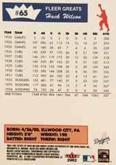 Rear | Hack Wilson Baseball Cards 2002 Fleer Greats