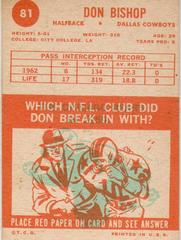 1963 Topps #61 Don Bishop {Back} | Don Bishop Football Cards 1963 Topps