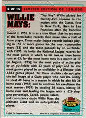 Back | Willie Mays Baseball Cards 1993 Stadium Club Ultra Pro
