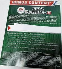 Bonus Content Promo Code Insert | NCAA Football 13 [Bonus Edition] Playstation 3