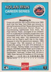 Back | Nolan Ryan [Career Series] Baseball Cards 1992 Coca Cola Nolan Ryan