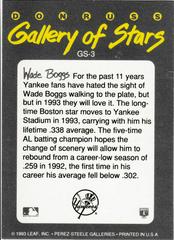 Back | Wade Boggs Baseball Cards 1993 Panini Donruss Triple Play Gallery of Stars