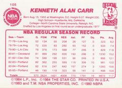 Back Side | Kenny Carr Basketball Cards 1986 Star