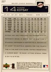 Rear | Mark Kotsay Baseball Cards 2003 Upper Deck First Pitch