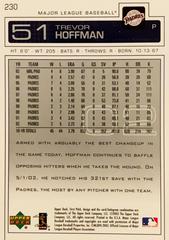 Rear | Trevor Hoffman Baseball Cards 2003 Upper Deck First Pitch