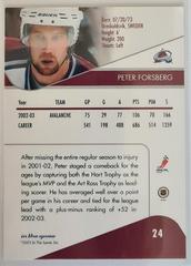 Backside | Peter Forsberg Hockey Cards 2003 ITG Toronto Star