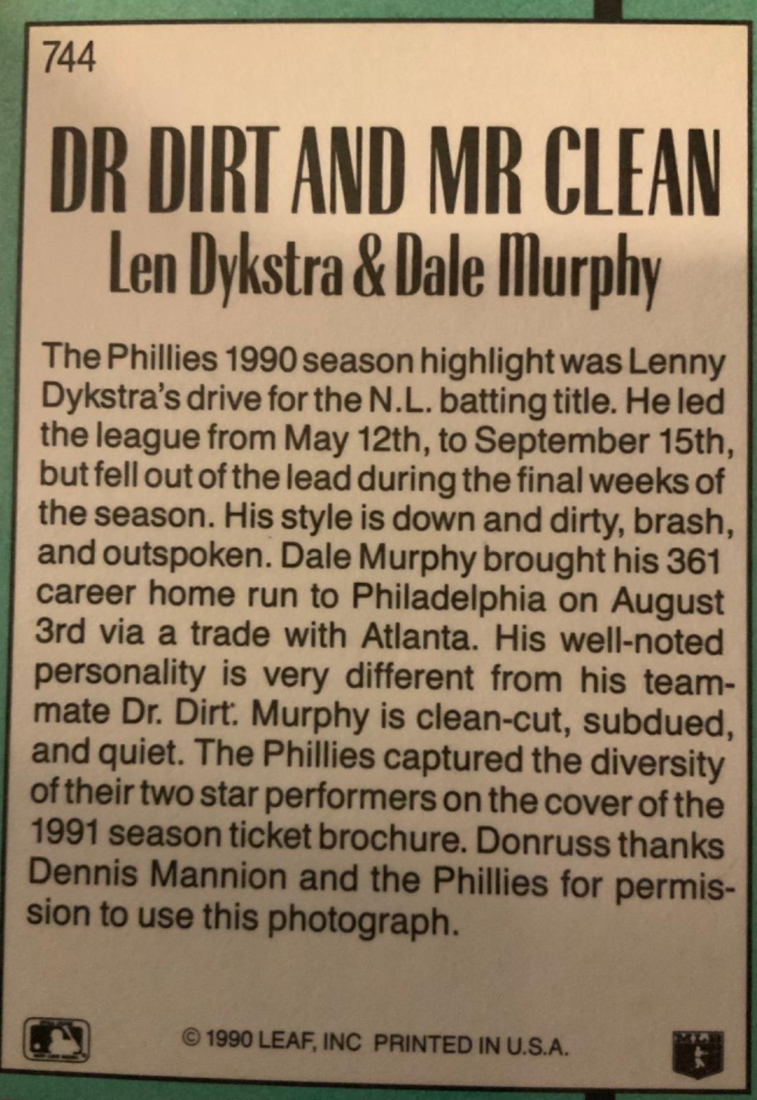 Len Dykstra & Dale Murphy “Dr. Dirt And Mr. Clean” 744 Prices 1991
