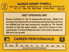 Rear | Alonzo Powell Baseball Cards 1987 Donruss Opening Day