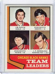 Blackhawks Leaders [Pappin, Mikita, Bordeleau] #69 Hockey Cards 1974 Topps Prices
