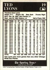 Reverse | Ted Lyons Baseball Cards 1991 Conlon Collection
