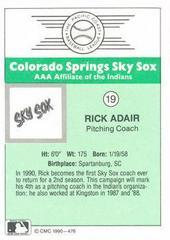 Back | Rick Adair Baseball Cards 1990 CMC Colorado Springs Sky Sox