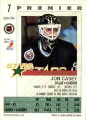 Back Of Card | Jon Casey Hockey Cards 1992 O-Pee-Chee Premier Star Performers