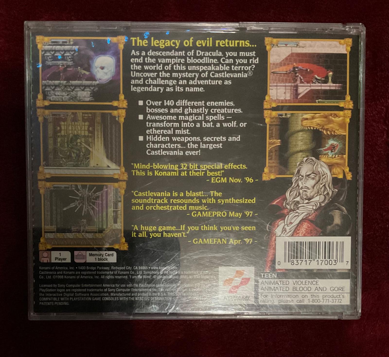 2/2 Castlevania: Symphony of the Night
  The back has some typical scratches & a single crack. I swear EVERY PS1 game has this same crack on it in the same spot. Gosh.