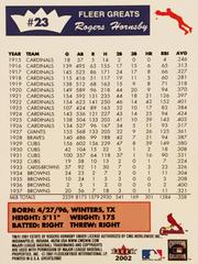Rear | Rogers Hornsby Baseball Cards 2002 Fleer Greats