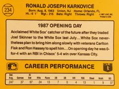 Rear | Ron Karkovice Baseball Cards 1987 Donruss Opening Day