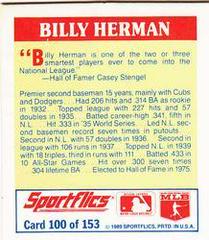 Billy Herman #100 Baseball Cards 1989 Sportflics Mini the Unforgetables Prices