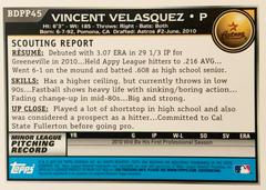 Rear | Vincent Velasquez Baseball Cards 2010 Bowman Draft Picks & Prospects
