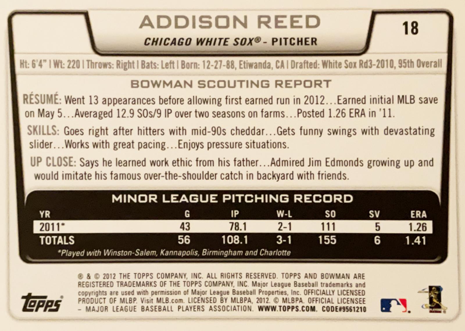 Addison Reed #18 Prices [Rookie] | 2012 Bowman Draft | Baseball Cards