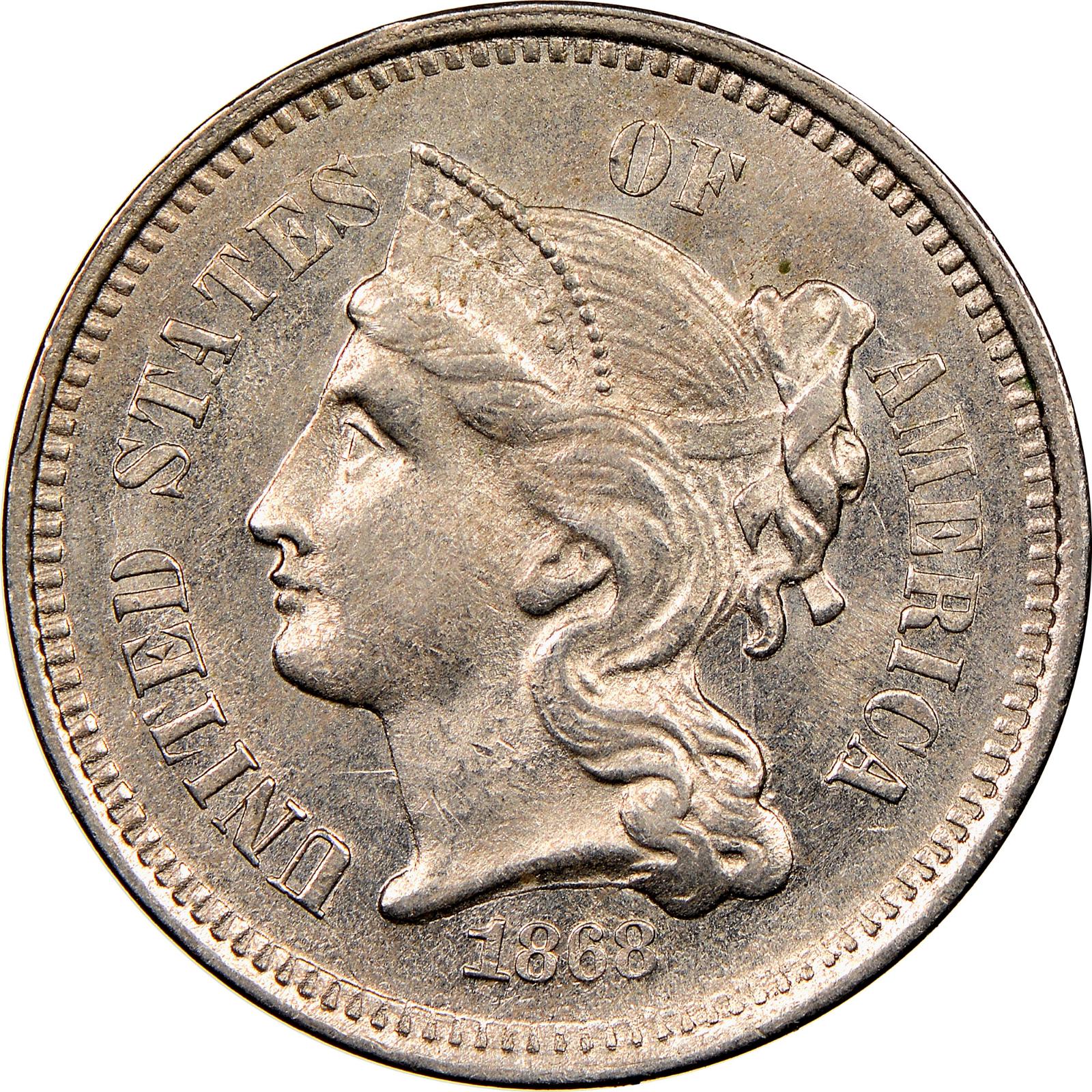 1868 Coins Three Cent Nickel